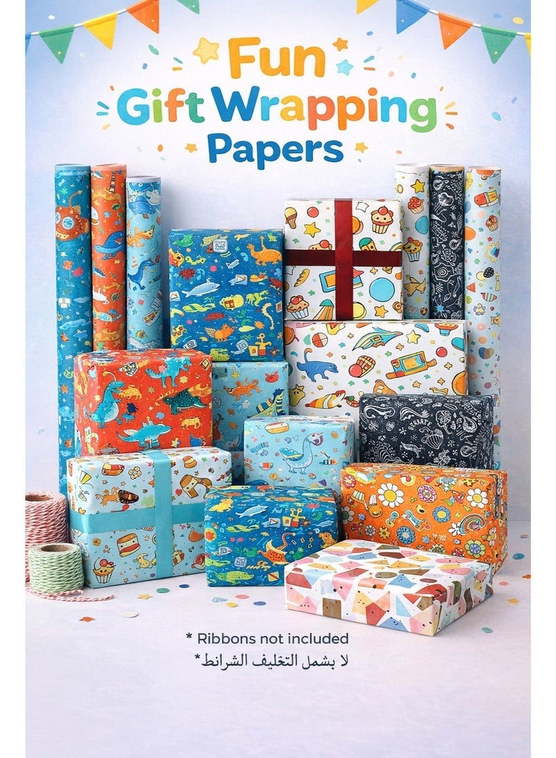 مجموعة ورق تغليف هدايا برسومات حيوانات، 10 أوراق 50×70 سم، 10 تصاميم (ورقة لكل تصميم) تشمل ديناصور/آيس كريم/عباد الشمس/غواصة/أصداف، مع لفة شريط لاصق شفاف، لهدايا الأطفال والمناسبات - Image 2